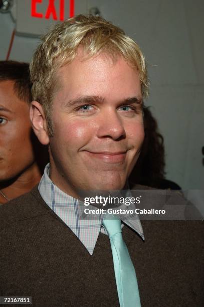 Perez Hilton poses backstage at the Heatherette show during Fashion Week Miami Beach on October 13, 2006 in Miami Beach , Florida.