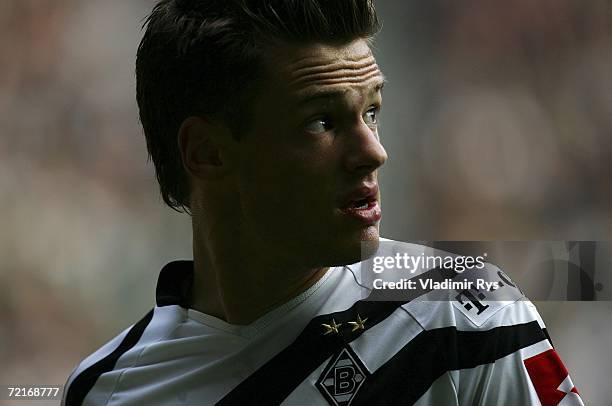 Michael Delura of Monchengladbach looks on during the Bundesliga match between Borussia Monchengladbach and VFL Wolfsburg at the Borussia Park on...