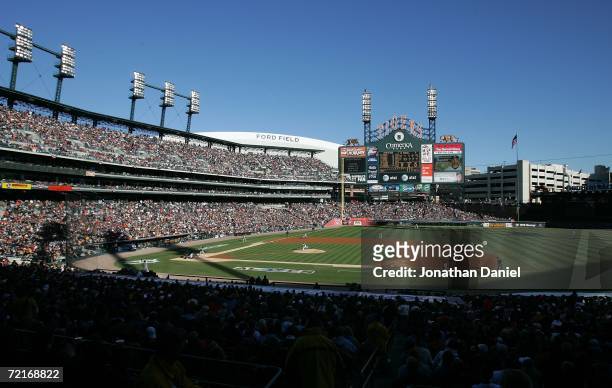 General view is seen as starting pitcher Jeremy Bonderman the Detroit Tigers throws a pitch, to the first batter of the game, Jason Kendall of the...