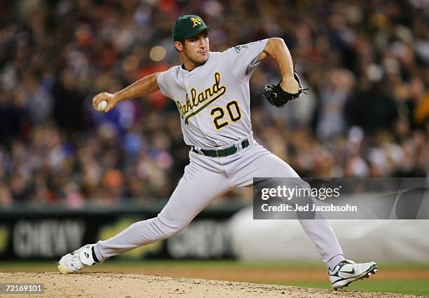 Relief pitcher Huston Street of the Oakland Athletics pitches against the Detroit Tigers during Game Four of the American League Championship Series...