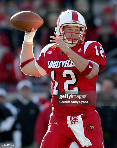 Brian Brohm of the Louisville Cardinals throws a touchdown pass l during the game against the Cincinnati Bearcats on October 14, 2006 at Papa John's...