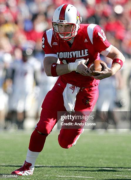 Brian Brohm of the Louisville Cardinals runs with the ball during the game against the Cincinnati Bearcats on October 14, 2006 at Papa John's...