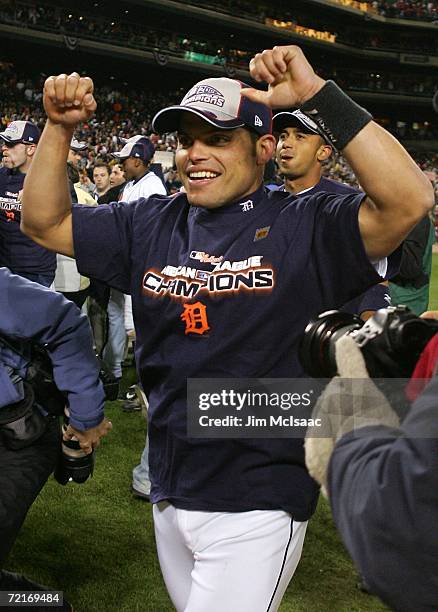 Ivan Rodrigguez of the Detroit Tigers celebrates the Tigers 6-3 win against the Oakland Athletics during Game Four of the American League...