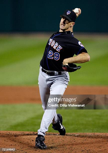 Steve Trachsel of the New York Mets pitches against the St. Louis Cardinals during game three of the NLCS at Busch Stadium on October 14, 2006 in St....