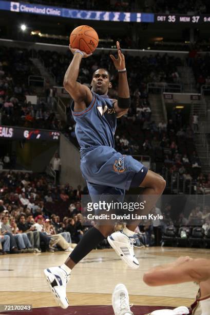 Antawn Jamison of the Washington Wizards puts up a shot against the Cleveland Cavaliers during a preseason game at The Quicken Loans Arena October...