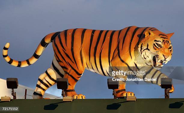 Likeness of a tiger is seen on the top of the scoreboard during Game Four of the American League Championship Series between the Detroit Tigers and...