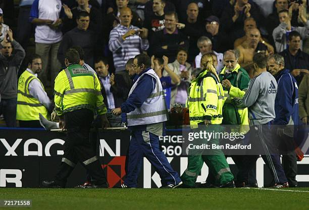 Carlo Cudicini of Chelsea is stretchered off during the Barclays Premiership match between Reading and Chelsea at the Madejski Stadium on October 14,...