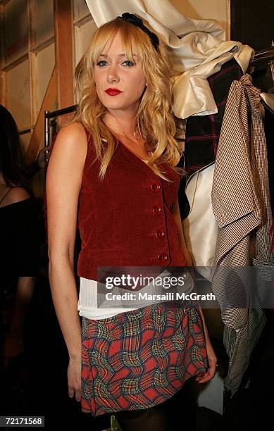 Kimberly Stewart poses backstage at the Johnnie Walker Dressed to Kilt 2006 fashion show during the Mercedes Benz Fashion Week at Smashbox Studios in...