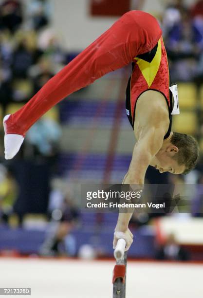 Fabian Hambuechen of Germany performs on the parallel bars in the mens qualification at the World Artistic Gymnastics Championships on October 15,...