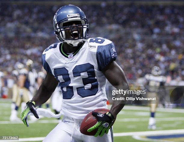 Deion Branch of the Seattle Seahawks celebrates a touchdown against the St. Louis Rams on October 15, 2006 at the Edward Jones Dome in St. Louis,...