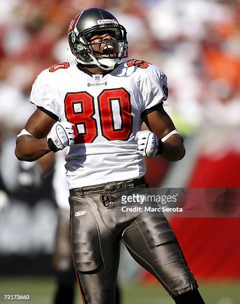 Wide Receiver Michael Clayton of the Tampa Bay Buccaneers celebrates his game winning touchdown catch against the Cincinnati Bengals on October 15,...