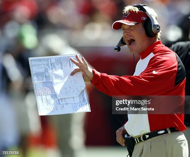 Head coach Jon Gruden of the Tampa Bay Buccaneers shouts instructions to his team against the Cincinnati Bengals on October 15, 2006 at Raymond James...