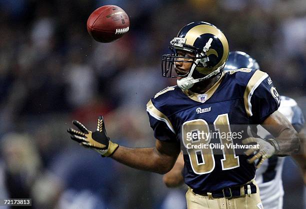 Torry Holt of the St. Louis Rams makes a catch against the Seattle Seahawks at the Edward Jones Dome on October 15, 2006 in St. Louis, Missouri. The...