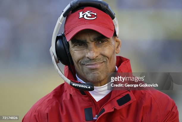 Head coach Herm Edwards of the Kansas City Chiefs watches from the the sidelines during a game against Pittsburgh Steelers at Heinz Field on October...