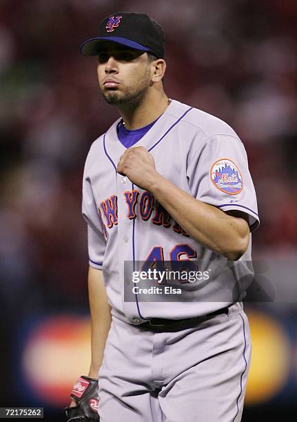 Oliver Perez of the New York Mets reacts after the fourth inning against the St. Louis Cardinals during game four of the NLCS at Busch Stadium on...