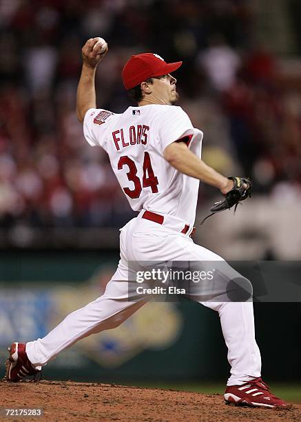 Randy Flores of the St. Louis Cardinals pitches against the New York Mets during game four of the NLCS at Busch Stadium on October 15, 2006 in St....