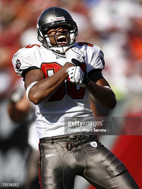 Wide Receiver Michael Clayton of the Tampa Bay Buccaneers celebrates his game winning touchdown catch against the Cincinnati Bengals on October 15,...