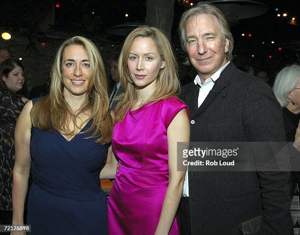 Editor Katharine Viner, actress Megan Dodds, and director Alan Rickman pose at the Off-Broadway opening after party of My Name Is Rachel Corrie at...