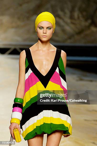 Model walks down the catwalk during the Kenzo Fashion Show as part of Paris Fashion Week Spring/Summer 2007 on October 7, 2006 in Paris, France.