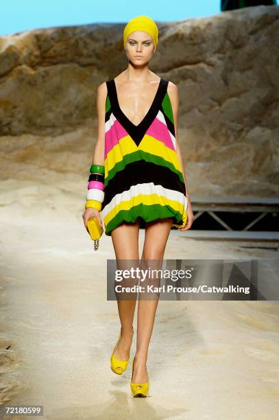 Model walks down the catwalk during the Kenzo Fashion Show as part of Paris Fashion Week Spring/Summer 2007 on October 7, 2006 in Paris, France.