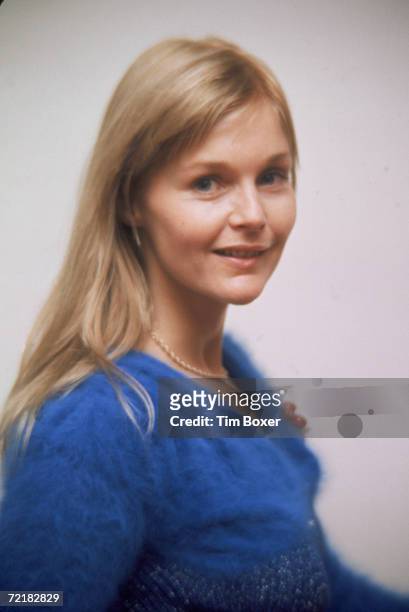 American actress Carol Lynley poses for a portrait in a blue sweater, 1970s.