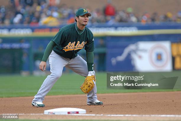 Eric Chavez of the Oakland Athletics fields during the American League Championship Series Game against the Detroit Tigers at Comerica Park in...