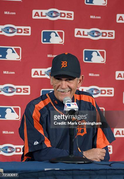 Jim Leyland of the Detroit Tigers during post-Game conference after the American League Division Series game against the New York Yankees at Yankee...