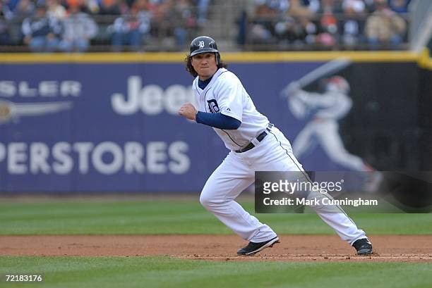 Magglio Ordonez of the Detroit Tigers runs during the American League Championship Series Game against the Oakland Athletics at Comerica Park in...