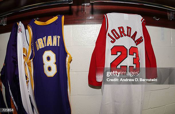 Kobe Bryant's jersey hangs next to Michael Jordan's jersey in the Los Angeles Lakers locker room prior to game four of the 2002 NBA Finals against...