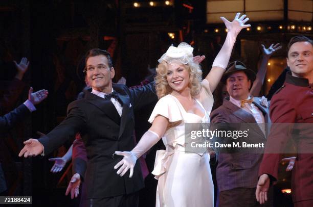 Patrick Swayze, Samantha Janus and Norman Bowman on stage during their first performance together in the stage production of ''Guys And Dolls'' at...