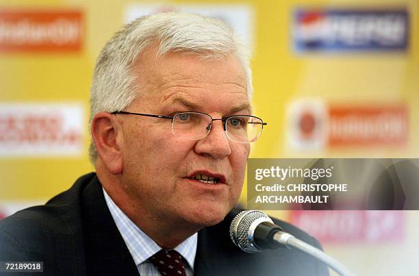 International Cricket Council President Malcolm Speed addresses media representatives during a press conference at The Sawai Man Singh Stadium in...