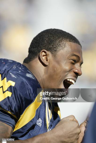 Running back Steve Slaton of the West Virginia University Mountaineers laughs while talking to teammates on the sideline during a game against the...