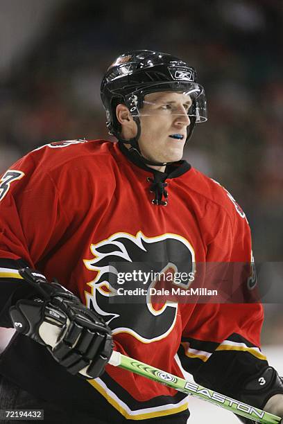 Defenseman Dion Phaneuf of the Calgary Flames skates during the NHL game against the San Jose Sharks at Pengrowth Saddledome on October 9, 2006 in...