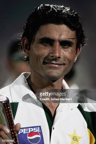 Abdul Razzaq of Pakistan with his man of the match trophy after the ICC Champions Trophy match between Sri Lanka and Pakistan at The Sawai Mansingh...