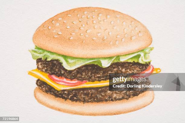 cheeseburger in a bun, front view. - bread roll white background stock illustrations