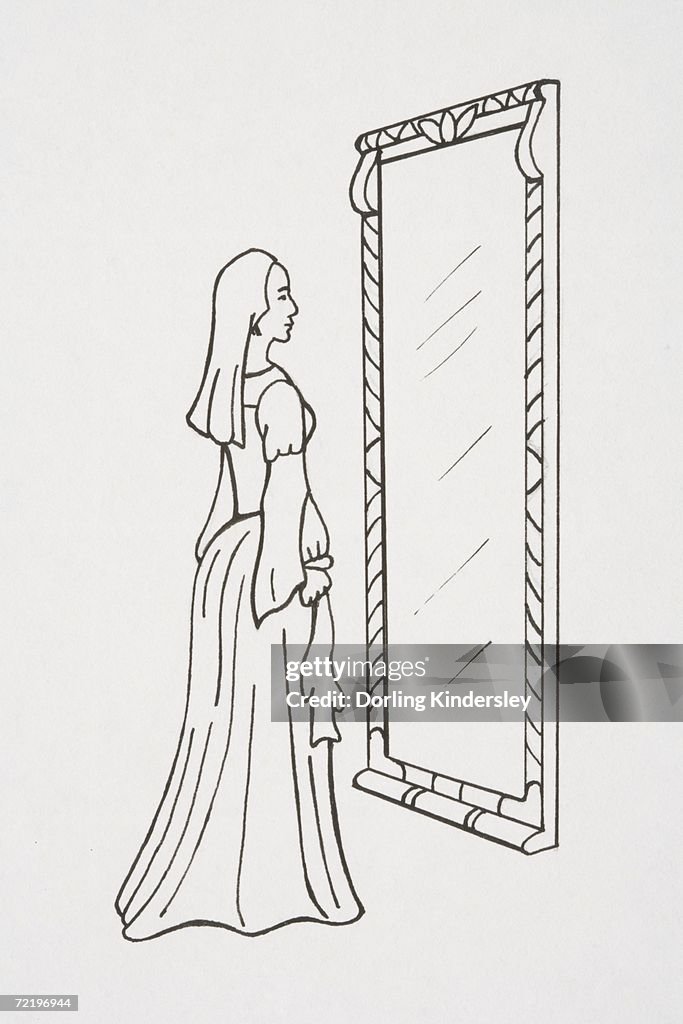 Noblewoman standing in front of mirror, casting no reflection.