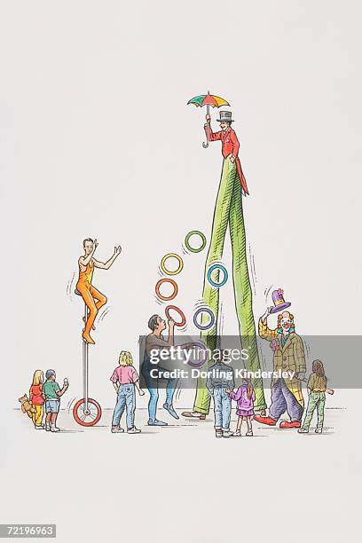 small crowd watching four circus performers in the street, one cycling on unicycle, one dressed as a clown lifting his hat, one juggling colourful rings, and one walking on stilts and holding up an umbrella. - stilt stock illustrations