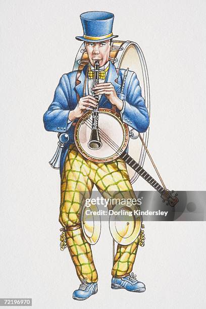 bildbanksillustrationer, clip art samt tecknat material och ikoner med one man band, man in blue-and-yellow suit and top hat playing clarinet while carrying banjo on his shoulders, cymbals strapped to his knees and big drum on his back, front view. - enmansband