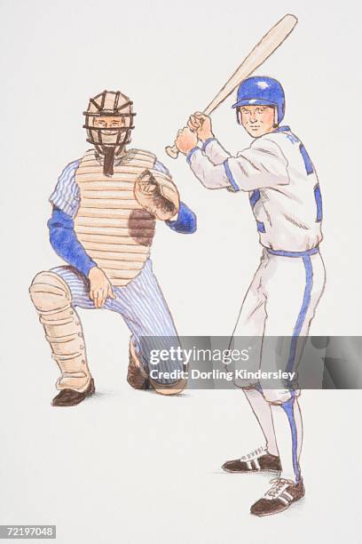 baseball batter and backstop poised in their playing positions, front view. - baseball catcher stock illustrations