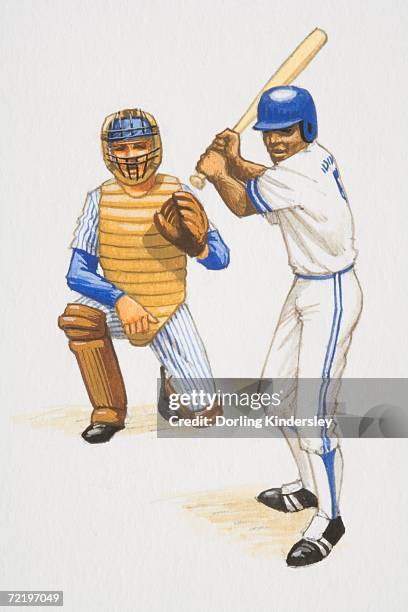 baseball batter and backstop poised in their playing positions, front view. - sports jersey white background stock illustrations