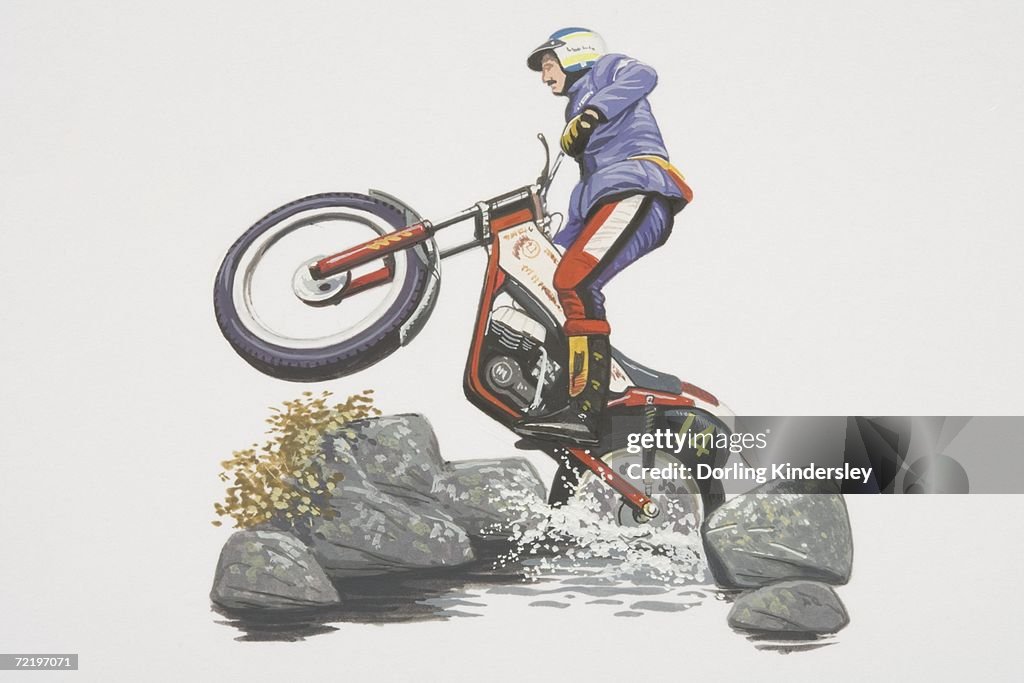 Motorcycle Rider Performing A Wheelie While Negociating Rocks And