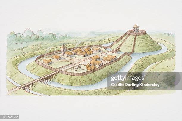 motte-and-bailey castle, raised earth mound and enclosed courtyard, surrounded by water ditch. - castle stock illustrations