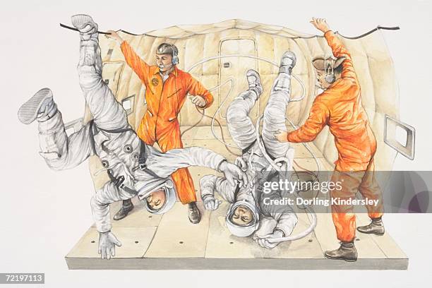 two men in astronaut suits upside down being watched by two men in orange suits, inside vacuum chamber. - astronaut training stock illustrations