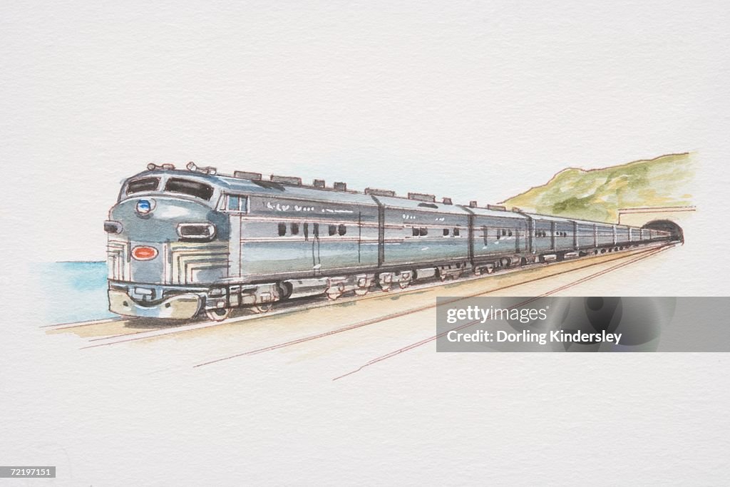 Twentieth Century Ltd, American passenger train emerging from tunnel.