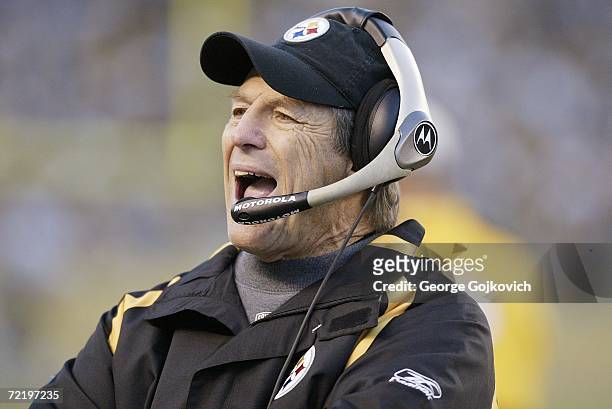 Defensive coordinator Dick LeBeau of the Pittsburgh Steelers yells while on the sideline during a game against the Kansas City Chiefs at Heinz Field...