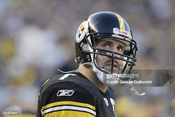 Quarterback Ben Roethlisberger of the Pittsburgh Steelers on the sideline during a game against the Kansas City Chiefs at Heinz Field on October 15,...