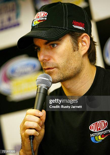 Jeff Gordon, driver of the Dupont Chevrolet, adresses the media during NASCAR Nextel Cup Series testing at Homestead-Miami Speedway on October 17,...