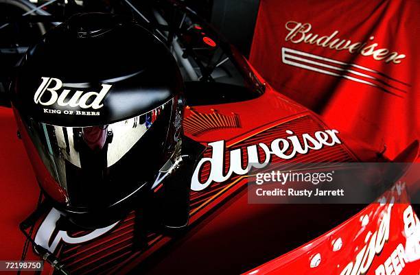 Dale Earnhardt Jr's helmet sits on the rear deck lid of the Budweiser Chevrolet, during NASCAR Nextel Cup Series testing at Homestead-Miami Speedway...