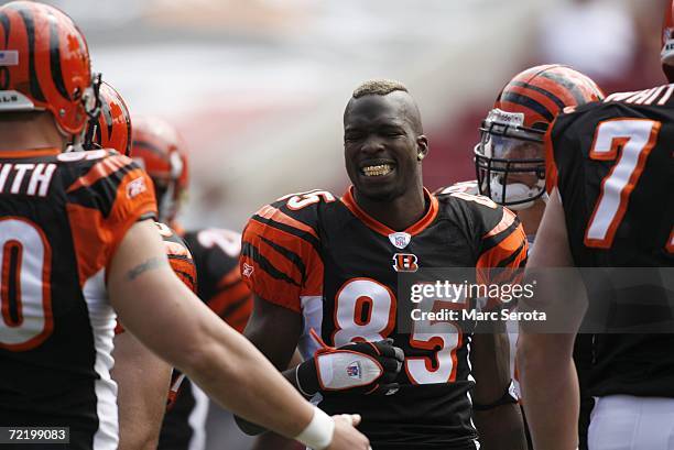 Wide receiver Chad Johnson of the Cincinnati Bengals smiles before the game against the Tampa Bay Buccaneers at Raymond James Stadium in Tampa,...