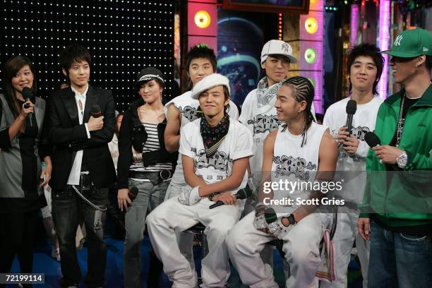 Host Suchin Pak interviews Korean pop stars Se7en, Gummy, Big Bang, and Jinusean during a taping of "MTV K Presents: Se7en and the YG Family" at the...